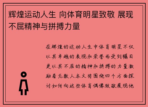 辉煌运动人生 向体育明星致敬 展现不屈精神与拼搏力量